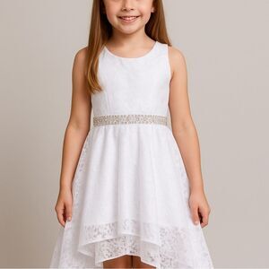 Joy Kids USA Girls sz 12 White Floral Lace Rhinestone Beaded High Low Dress